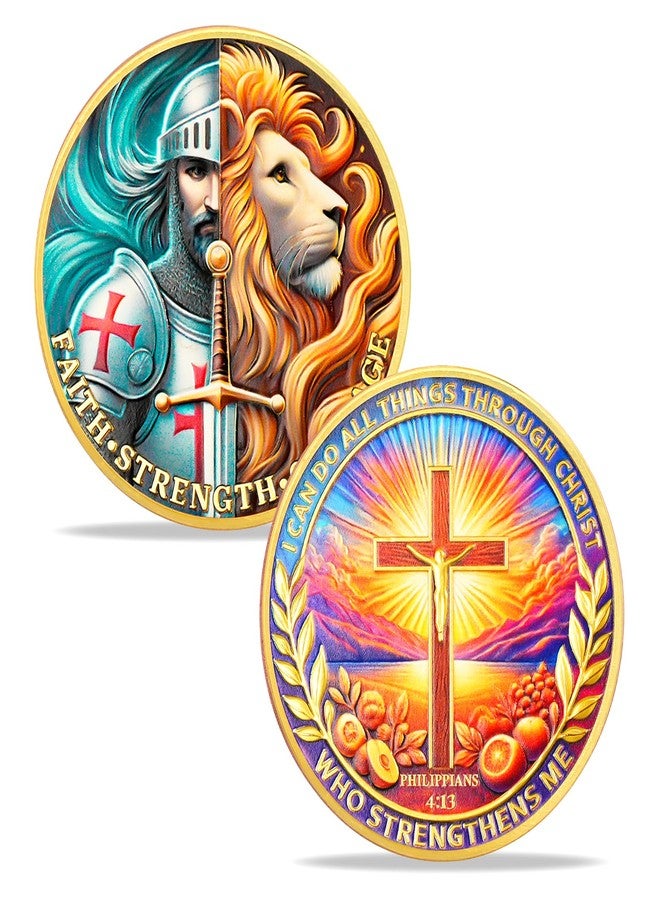 ASmileIndeep Christian Challenge Coin - Faith Strength Courage Coin - Knight Coins Philippians 4:13 Inspirational Lion and Knight Medallion - Religious Cross Toke Motivational Gifts - Image 1